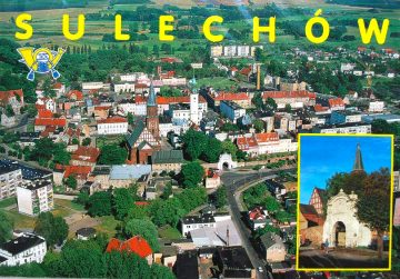 Kolorowa pocztówka z panoramą miasta