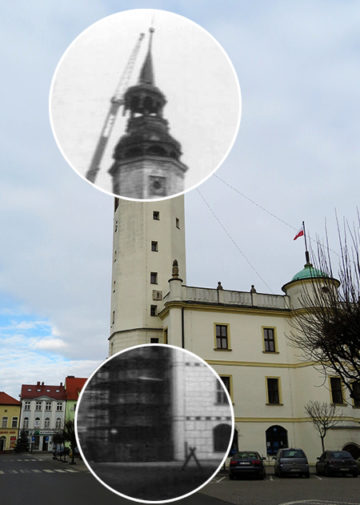 Ratusz podczas wymiany starej kopuły i obecnie