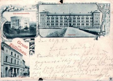 Pocztówka z wojskowymi budynkami m.in. lazaretem